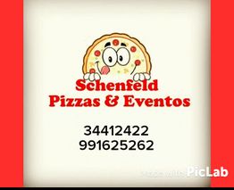 Logo da Schenfeld Pizzas & Eventos com pizza sorridente e números de telefone: 34412422, 991625262.