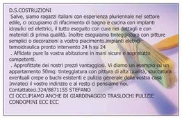 Testo promozionale per servizi di costruzione, tinteggiatura e impiantistica. Contatto incluso.