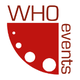 Rotes Logo mit Text "WHO events" und drei weißen Punkten im Halbkreis.
