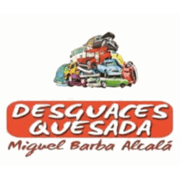 Logo de "Desguaces Quesada" con varios coches apilados sobre el texto "Miguel Barba Alcalá".