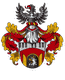 Wappen mit Ritterhelm, Adler oben, roten und goldenen Verzierungselementen unten.