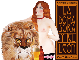 Mujer y león junto a cervezas y texto: "Cervezas Artesanas, La Domadora y el León".
