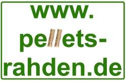 Text: www.pellets-rahden.de in grün, mit zwei holzähnlichen Pellets als Buchstaben "ll".