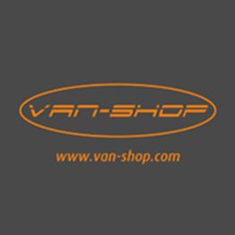 Logo mit orangefarbener Schrift "VAN-SHOP" und Website "www.van-shop.com" auf dunkelgrauem Hintergrund.