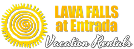 Logo: Yellow spiral sun with "Lava Falls at Entrada Vacation Rentals" text in yellow and white.