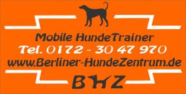 Orange Werbeschild für Mobiles Hundetraining mit Kontaktdaten und Website eines Hundezentrums.