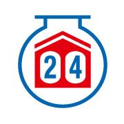 Logo mit Haus und Zahl 24 in einem blauen Kreis.