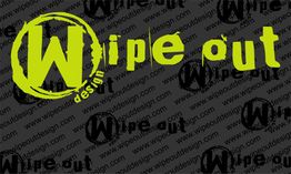 Logo verde con la scritta "Wipeout design" su sfondo nero con testo ripetuto.