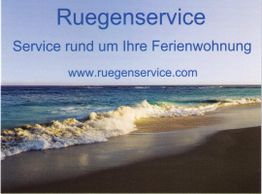 Strand mit Wellen, Text: Ruegenservice - Service rund um Ihre Ferienwohnung, Webseite.