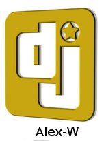 Gelbes DJ-Logo mit Stern daneben, darunter der Name "Alex-W" in schwarzer Schrift.