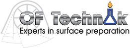 Logo mit Text: "OF Technik, Experts in surface preparation" und Laborglas-Symbol.