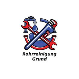 Klempnerlogo mit Rohrzange, Schraubenschlüssel, Wasserhahn und Tropfen; Text: "Rohrreinigung Grund".