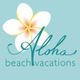 Logo with a white flower and script text: "Aloha beach vacations" on a light blue background.
