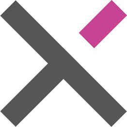 Graues X mit rosa Quadrat rechts oben auf weißem Hintergrund.