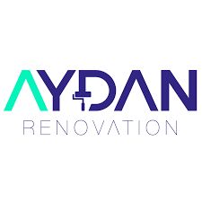 Logo d'une entreprise de rénovation avec le texte "AYDAN RENOVATION" et un rouleau de peinture.