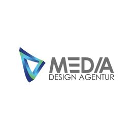Logo der Media Design Agentur mit dreieckigem, blau-grünem Symbol links.