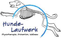 Sprungender Hund mit Skelettzeichnung, Text "Hunde-Laufwerk Physiotherapie, Prävention, Wellness".