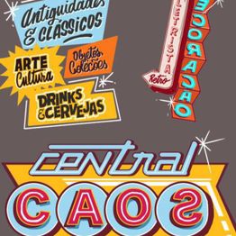 Ilustração colorida com palavras como "Central Caos", "Antiguidades", e "Decoração".