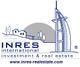 Logo von INRES Immobilien mit Gebäuden und der Website www.inres-realestate.com.