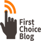 Hand pointing to orange Wi-Fi waves, text: "First Choice Blog".