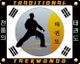 Silhouette eines Taekwondo-Kämpfers, koreanische Schriftzeichen und "Traditional Taekwondo".