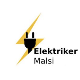 Logo mit einem schwarzen Stecker und Blitz, Text: Elektriker Malsi.