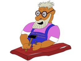 Karikatur eines Handwerkers mit Bart und Brille, der mit Hammer und Nagel auf einem Holzstück arbeitet.
