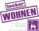 Lila Logo mit Text "lecker WOHNEN", Adresse und Telefon, Symbol mit Möbel und Vase.