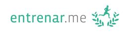 Logo de "entrenar.me" con figura de corredor y hojas verdes.