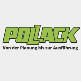 Grünes "POLLACK" Logo mit Slogan: "Von der Planung bis zur Ausführung" auf grauem Hintergrund.