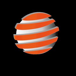 Kugelförmiges Logo mit rot-weißen, horizontale Streifen auf schwarzem Hintergrund.