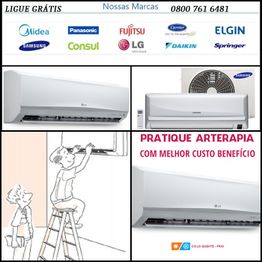 Imagem de ar-condicionados de várias marcas e instrução de instalação com ilustração.