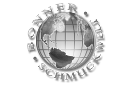 Schwarz-weißes Logo mit Globus, umgeben von "Bonner Schmuck Welt" in runden Buchstaben.