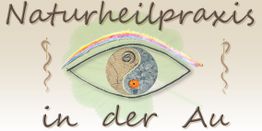 Naturheilpraxis-Logo mit Regenbogen über einem stilisierten Auge, Yin-Yang-Symbol und Blume.