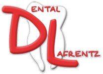 Logo "Dental Lafrentz" in Rot mit Zahn-Silhouette im Hintergrund.