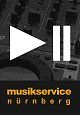 Logo mit Play/Pause-Symbol, darunter Text: "musikservice nürnberg" auf dunklem Hintergrund.