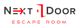 Logo de "Next Door Escape Room", letras negras y rojas con símbolo de puerta y cerradura.