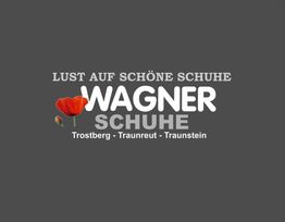Wagner Schuhe Logo mit Mohnblume, Text: "Lust auf schöne Schuhe", Standorte: Trostberg, Traunreut, Traunstein.