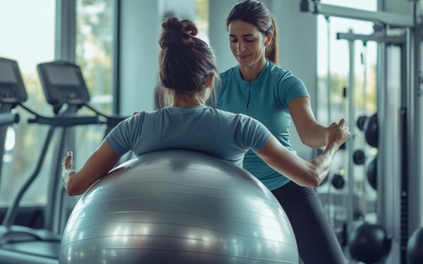 Eine Physiotherapeutin behandelt ihre Patientin mittels verschiedener Übungen auf einem Therapieball.