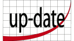 Ein Gitterhintergrund mit dem Wort "up-date" und einer nach oben verlaufenden roten Linie.