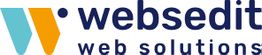 Logo von Websedit Web Solutions mit stilisiertem "W" in Blau und Orange.