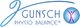 Logo von Gunsch Physio Balance mit blauem Schriftzug und lilafarbenem Figurensymbol.