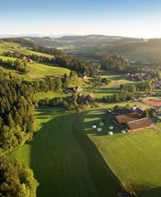 Luftaufnahme einer grünen, hügeligen Landschaft mit Feldern und Bauernhöfen unter blauem Himmel.