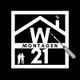 Logo mit Hausdach, "W Montagen 21", Rauch und Schraubendreher. Zwei Personen-Silhouetten.