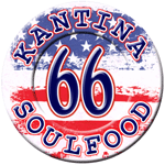 Logo mit "Kantina Soulfood 66" vor USA-Flaggenmotiv in Rot, Weiß und Blau.