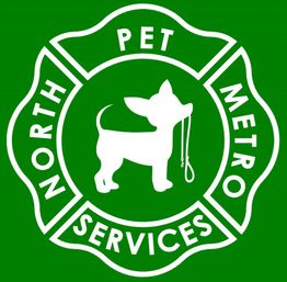 White silhouette of a dog with a leash, surrounded by the text "North Metro Pet Services."