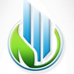 Logo con foglia verde e barre verticali blu, simbolo di sostenibilità e progresso.