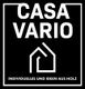 Schwarzes Logo "CASA VARIO", darunter: "Individuelles und Ideen aus Holz", mit Haus-Symbol.