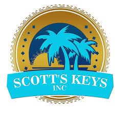 Logo with palm trees and "Scott's Keys Inc" on a blue banner, gold circle background.