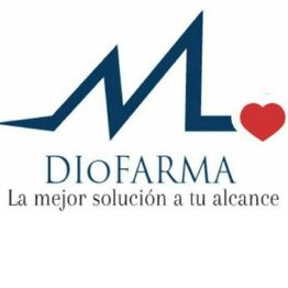 Logotipo de DioFarma: gráfico azul y corazón rojo, texto "La mejor solución a tu alcance".